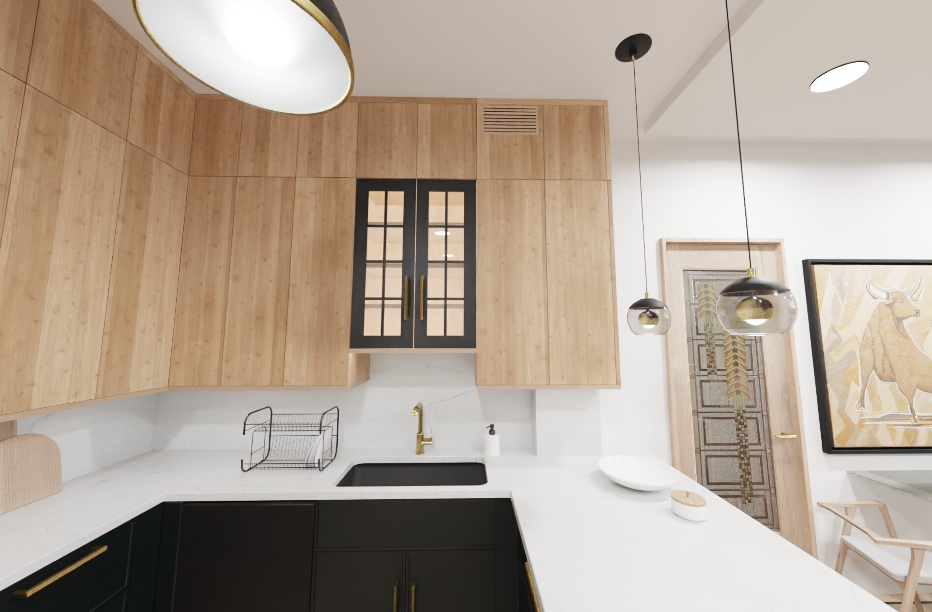 Wood and black kitchen cabinetry detail