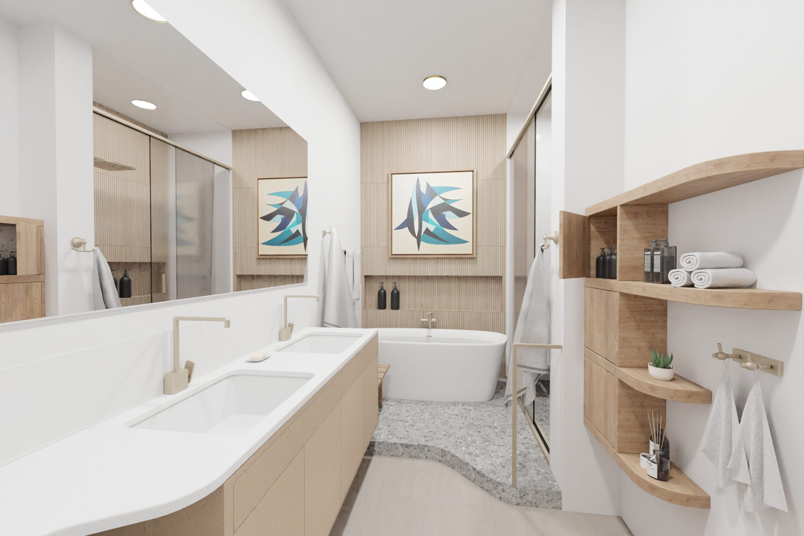 Bathroom vanity, tub, and curved wood shelving