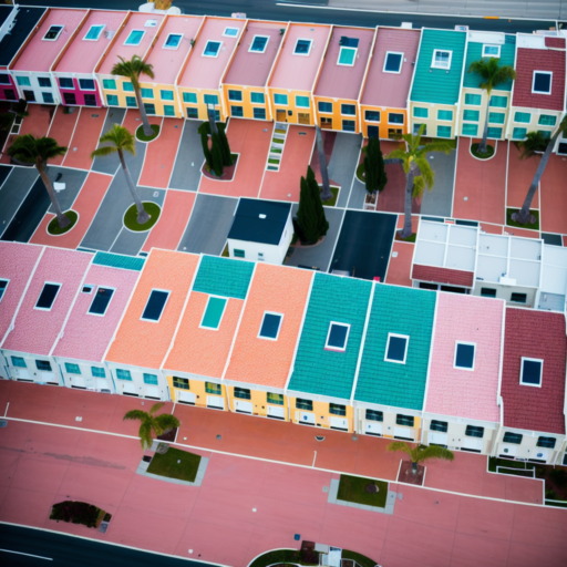 Ariel view of a residential block in San Fransisco Sunset district, colorful storybook-style houses